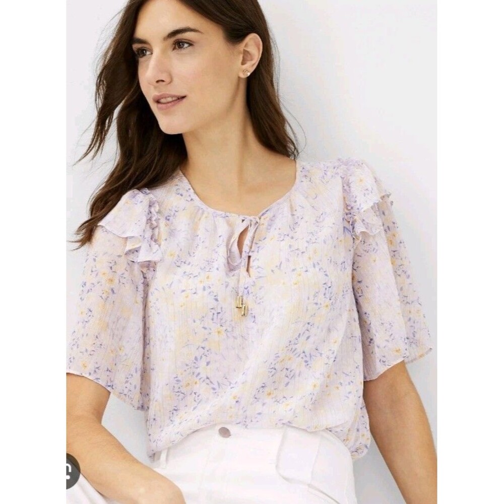 Ann Taylor‎ Loft Floral Top Size XL Lined Lilac Short Sheer Sleeves Boho 208